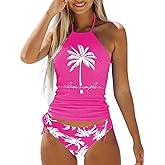Live Simple Coconut Tree Halter Neck Tankini Set for Women Drawstring Side Swimsuit Summer Beach Two Piece Bikini Set
