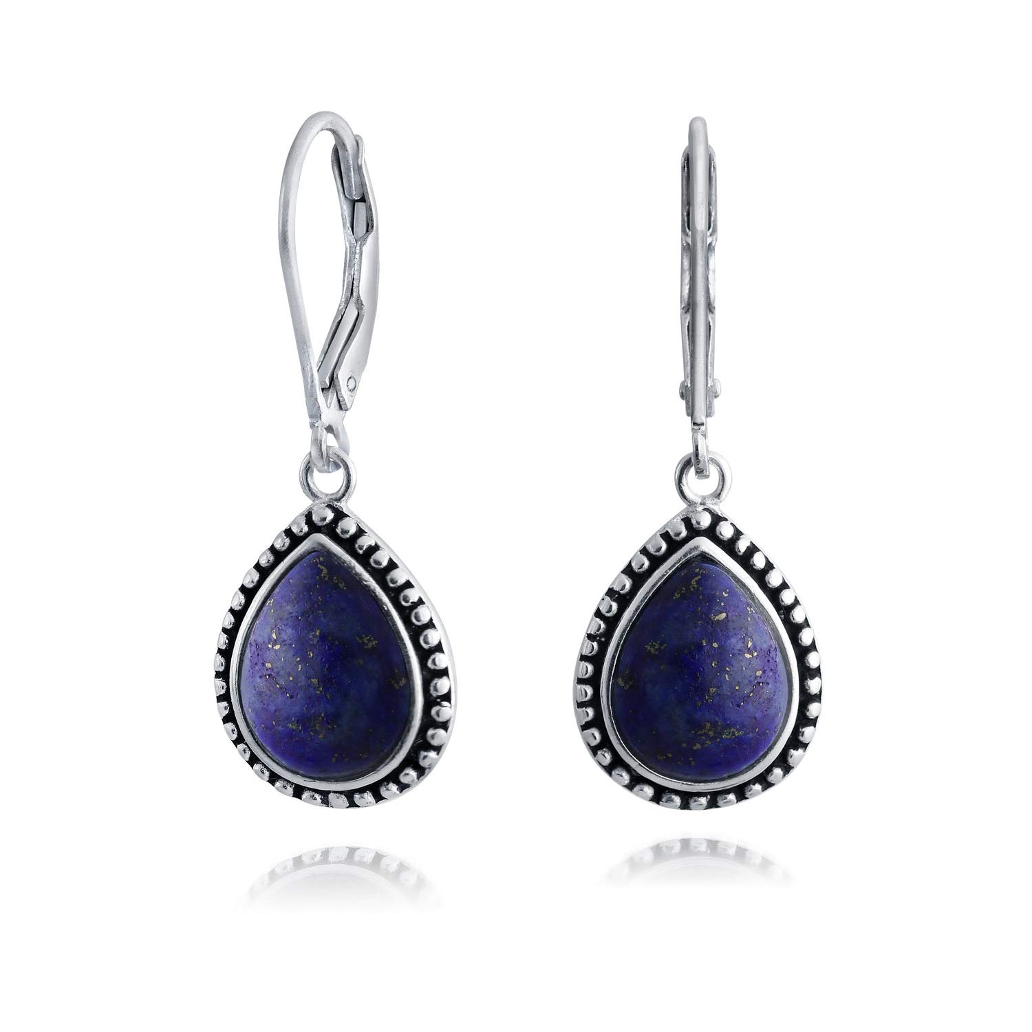 Boho Western Style Blue Lapis Lazuli Semi Precious Pear Shaped Teardrop Lever Back Dangle Drop Earrings For Women Teen Oxidized .925 Sterling Silver — image 1