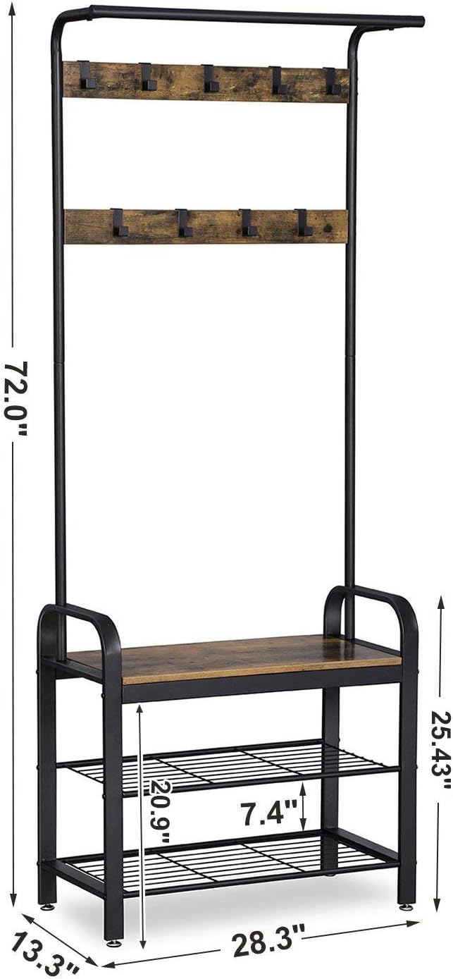 VASAGLE DAINTREE Coat Rack, Shoe Bench, Hall Tree with Storage Shelf for Entryway, Industrial Accent Furniture with Steel Frame, 3-in-1 Design, Easy Assembly, Rustic Brown and Black UHSR40B: Kitchen & Dining