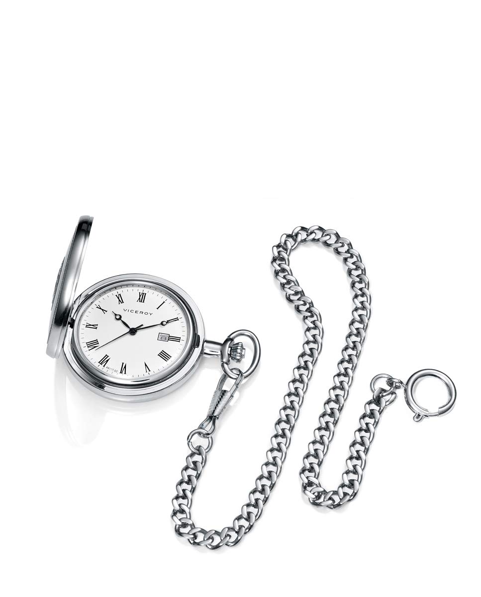 Viceroy Men's White Dial IP Silver Finish Pocket Watch - Mr Va, 3 Handles with Calendar, Brass Case, 37 mm Diameter