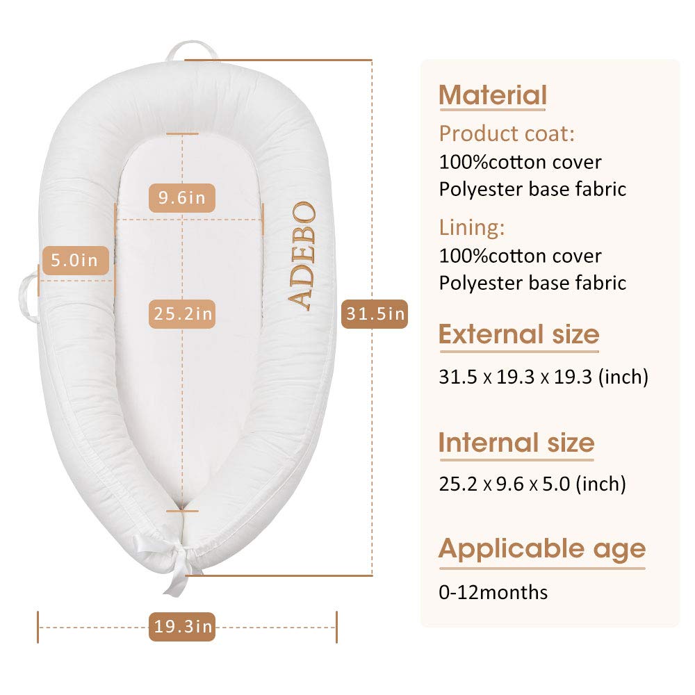 Adebo Premium Baby Nest(Infant White)-Portable Infant Lounger Bassinet, Perfect for Co-Sleeping -Super Soft & Breathable and 100% Cotton Newborn Crib-Suitable from 0-12 Months: Baby