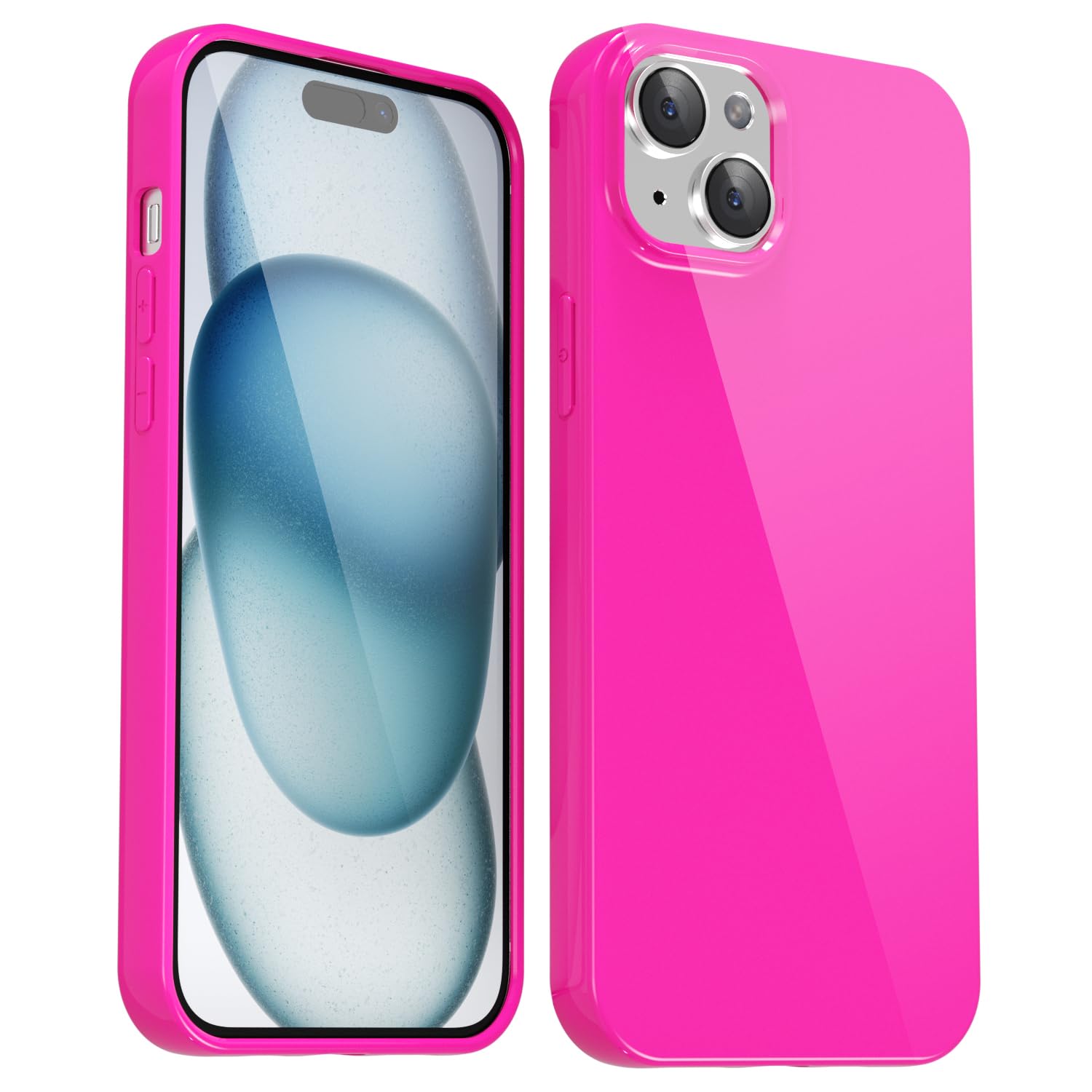 Svanove for iPhone 15 Plus Case Silicone, Glossy Soft Rubber Gel Jelly Cute Protective Plastic Simple Plain Phone Case Cover for Women Girl, Slim Thin Flexible Shockproof TPU, Neon Hot Pink