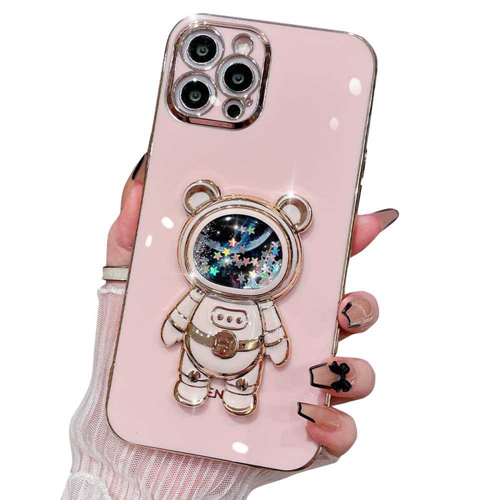 Photo 1 of Casechics Compatible with iPhone Case,Cute Astronauts Glitter Sparkle Bling Liquid Quicksand Electroplated Holder Kickstand Stand Shockproof Cover Phone Case (Pink,iPhone 11)