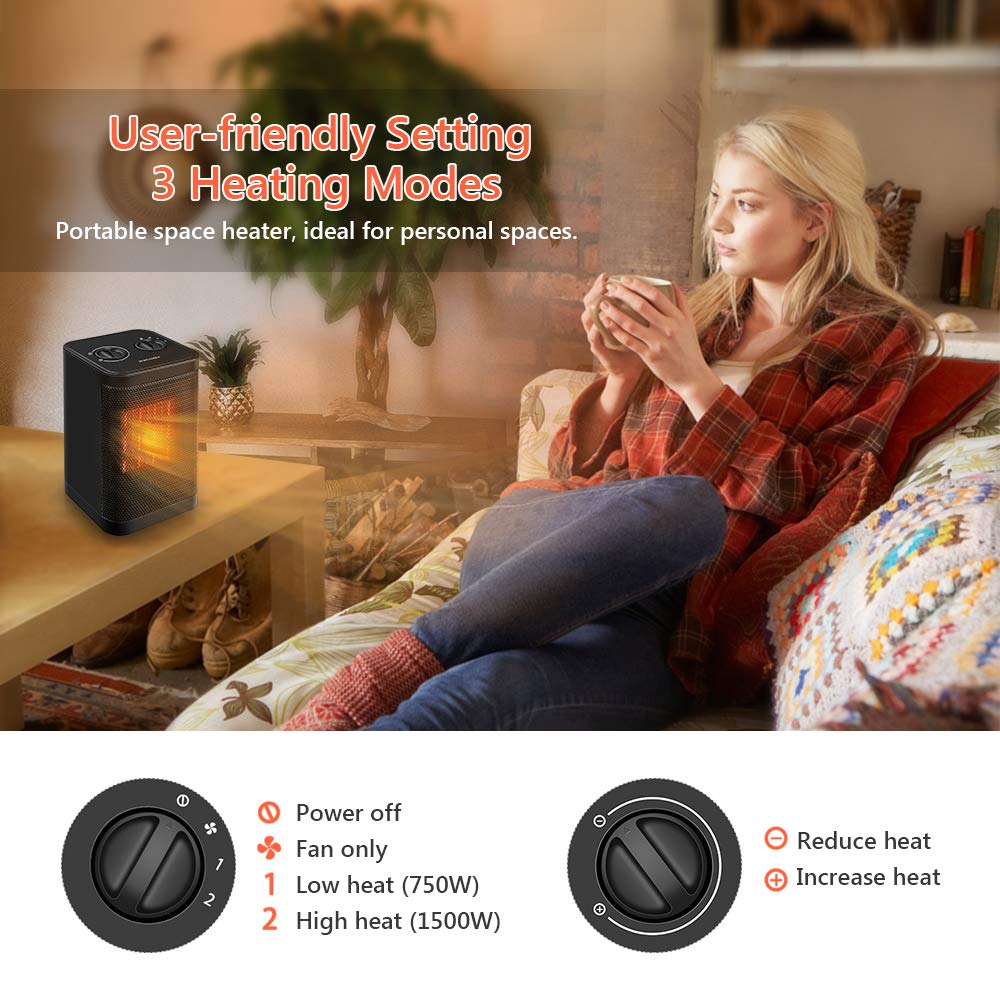 Portable Indoor Electric Space Heater- 3 Settings(1500/750W), Adjustable Thermostat with PTC Ceramic Heating Element, Tip-Over and Overheat Protection, for Office, Home