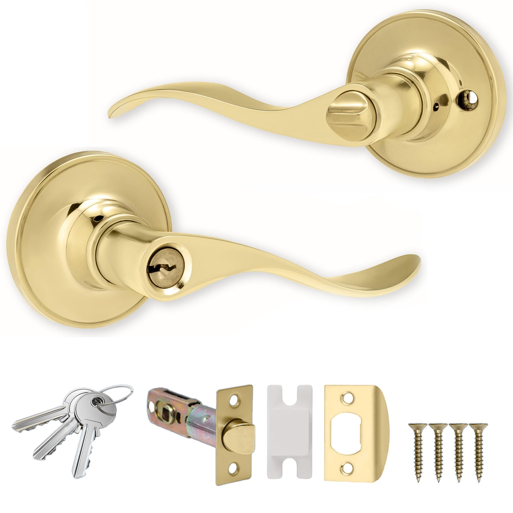XFORT Cabriole Entrance Knob Set Polished Brass, Door Knob with Lock for Internal Wooden Doors, Complete Set with Tubular Latch and 3 Keys