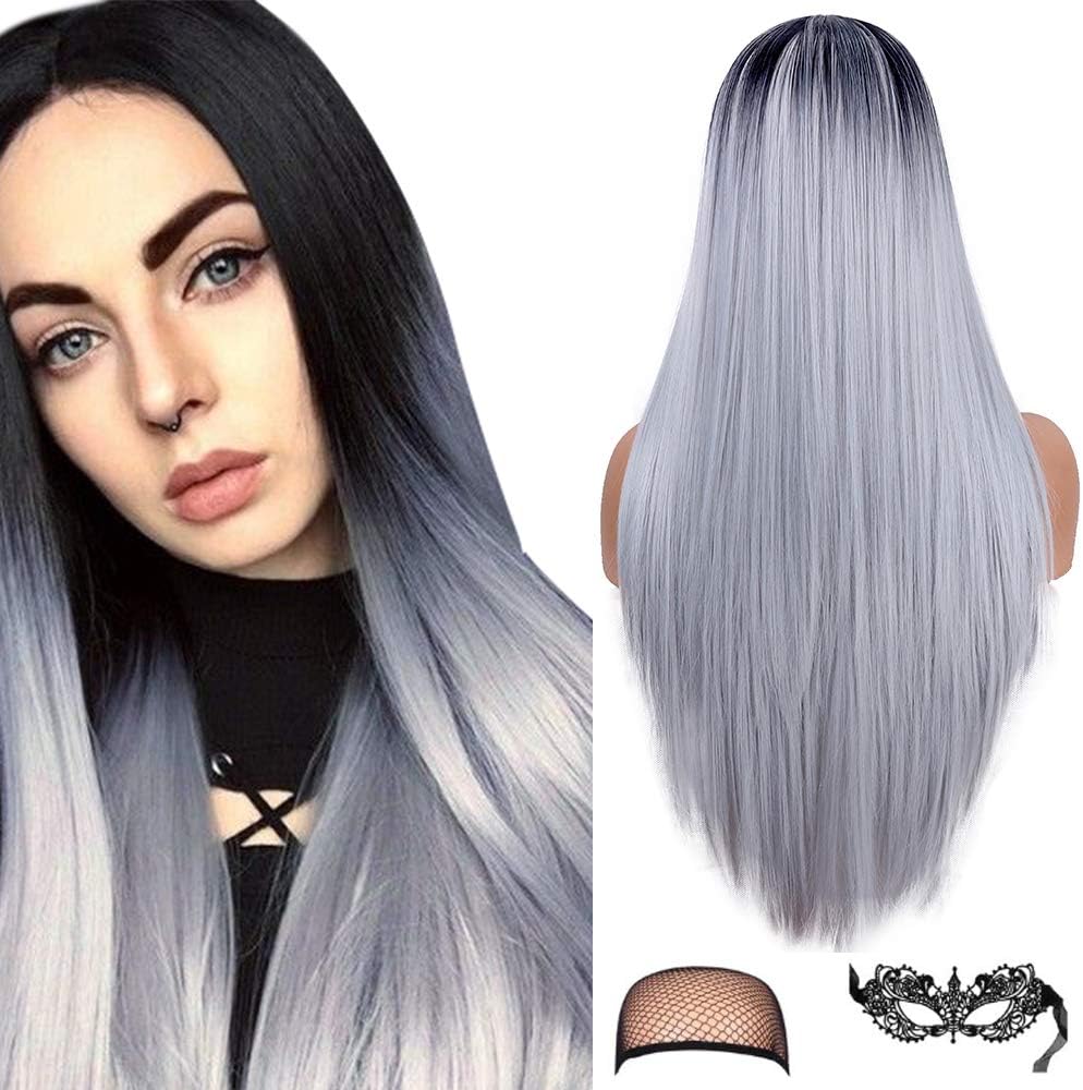 Ombre Gray Straight Wig Natural Hairline Long Straight Wigs for Women 22 Inches Middle Part Synthetic Party Wig(1B/Gray)
