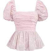 Floerns Women's Summer Blouse Tops Floral Embroidery Puff Sleeve Going Out Peplum