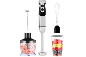 MegaWise Hand Blender Black 5-in-1 immersion Blender12 Speeds and Turbo Mode, Titanium Steel Blades, Handle, with Whisk, Chop