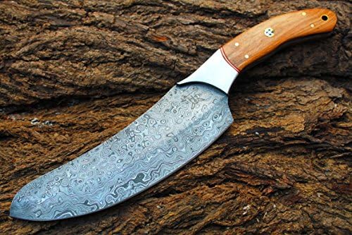 Damascus Blade Handmade 7.0"Cleaver w/Steel Bolsters,Maple Burl Wood ,File-Work &amp; Custom made Sheath Cover UDK-C-46