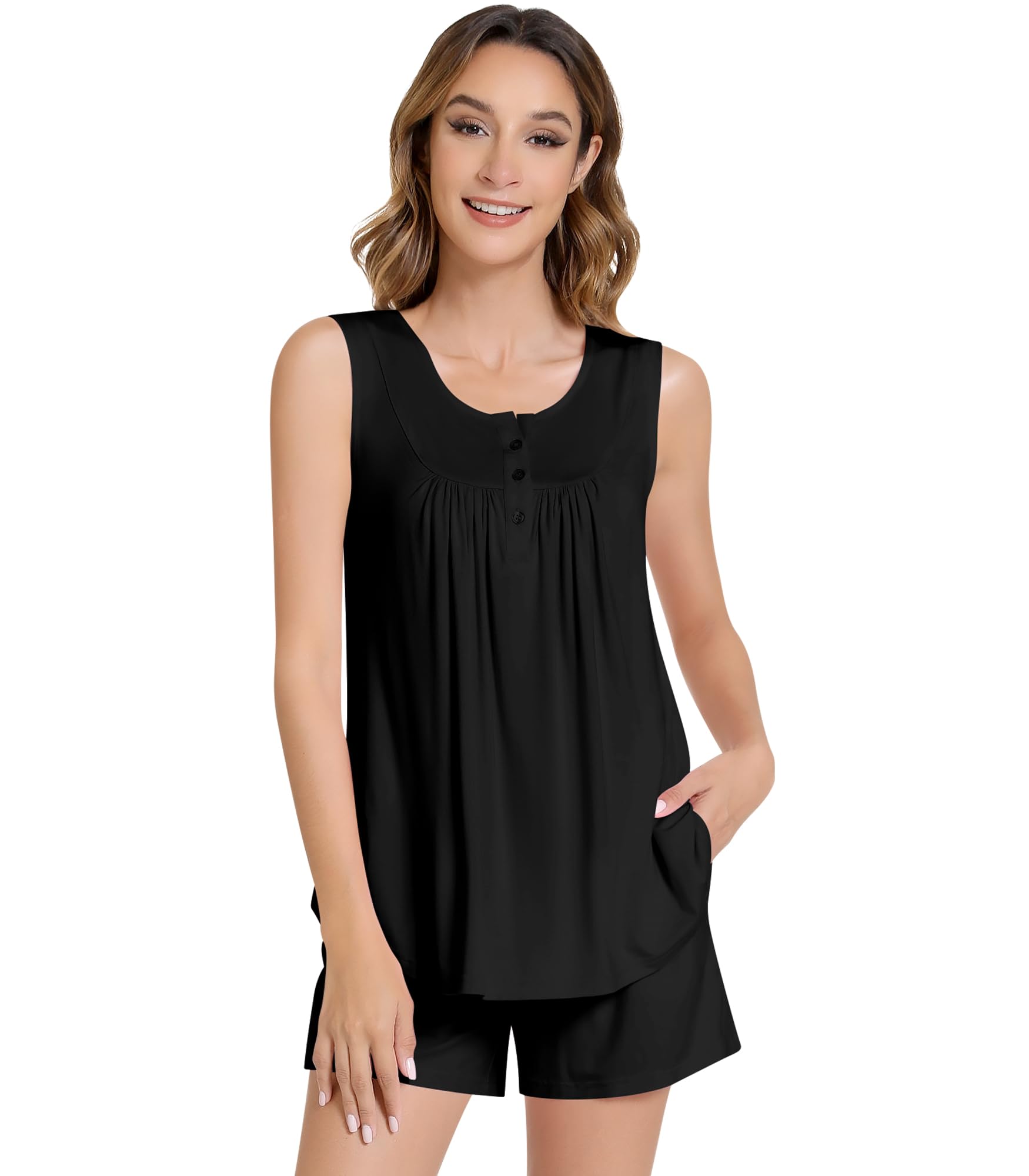 NACHILA Pajamas for Women-Viscose Made from Bamboo, Cool Tank Top with Pajama Shorts Sets Sleeveless Sleepwear Soft 2 Piece Pjs Black X-Large Image