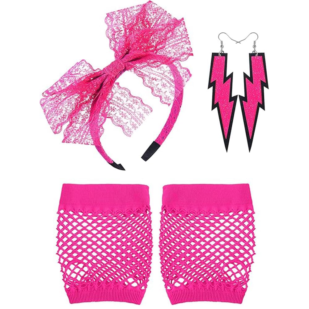 mefound 80s Fancy Dress Costume Accessories Set 1980s Fancy Party Costume Set for Women Lace Headband Earrings Fishnet Gloves 80s Retro Party