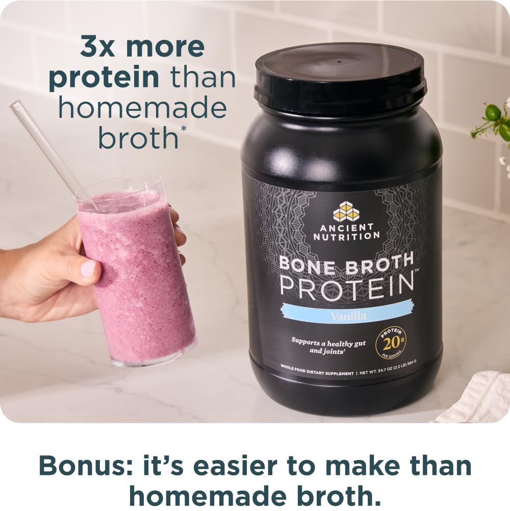 Ancient Nutrition Grass Fed, Bone Broth Protein Powder, 20g Protein, Hydrolyzed Collagen Peptides, Keto & Paleo Friendly, Supports Joint, Gut Health, Vanilla, 40 Servings
