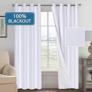 Primitive Linen Look 100% Blackout Curtains, Waterproof Burlap Fabric Curtains with White Thermal Insulated Liner, Grommet Top Curtains for Living Room /Bedroom (2 panels W52 x L96 inches, White)