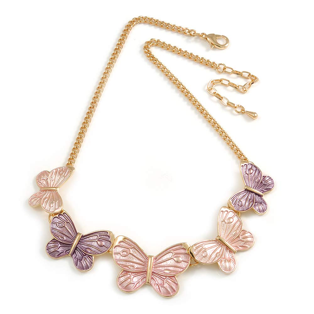Avalaya Pastel Pink/Purple Enamel Butterfly with Gold Tone Chain Necklace - 40cm L/ 6cm Ext