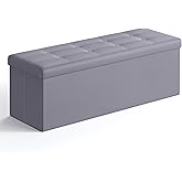 SONGMICS MAZIE Collection - 43 Inches Folding Storage Ottoman Bench, Ottoman with Storage, Foot Rest Stool, Load 660 lb, for Living Room, Synthetic Leather, Light Gray ULSF70GY