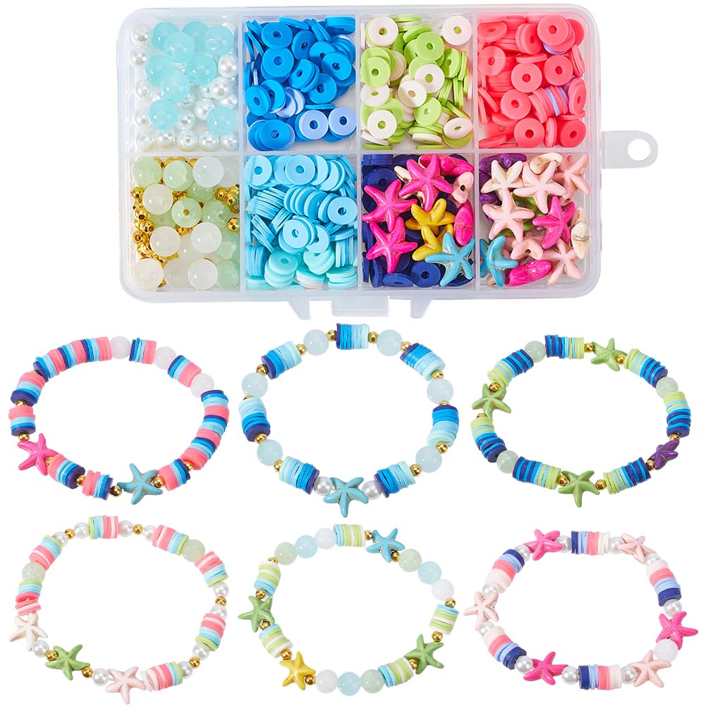 SUNNYCLUE 1 Box 6 Sets Clay Bracelet Making Kit Starfish Beads Bulk Polymer Clay Beads Hawaii Summer Ocean Animal Beads Lucky Turquoise Beads for jewellery Making Kits Adults Women Craft Supplies