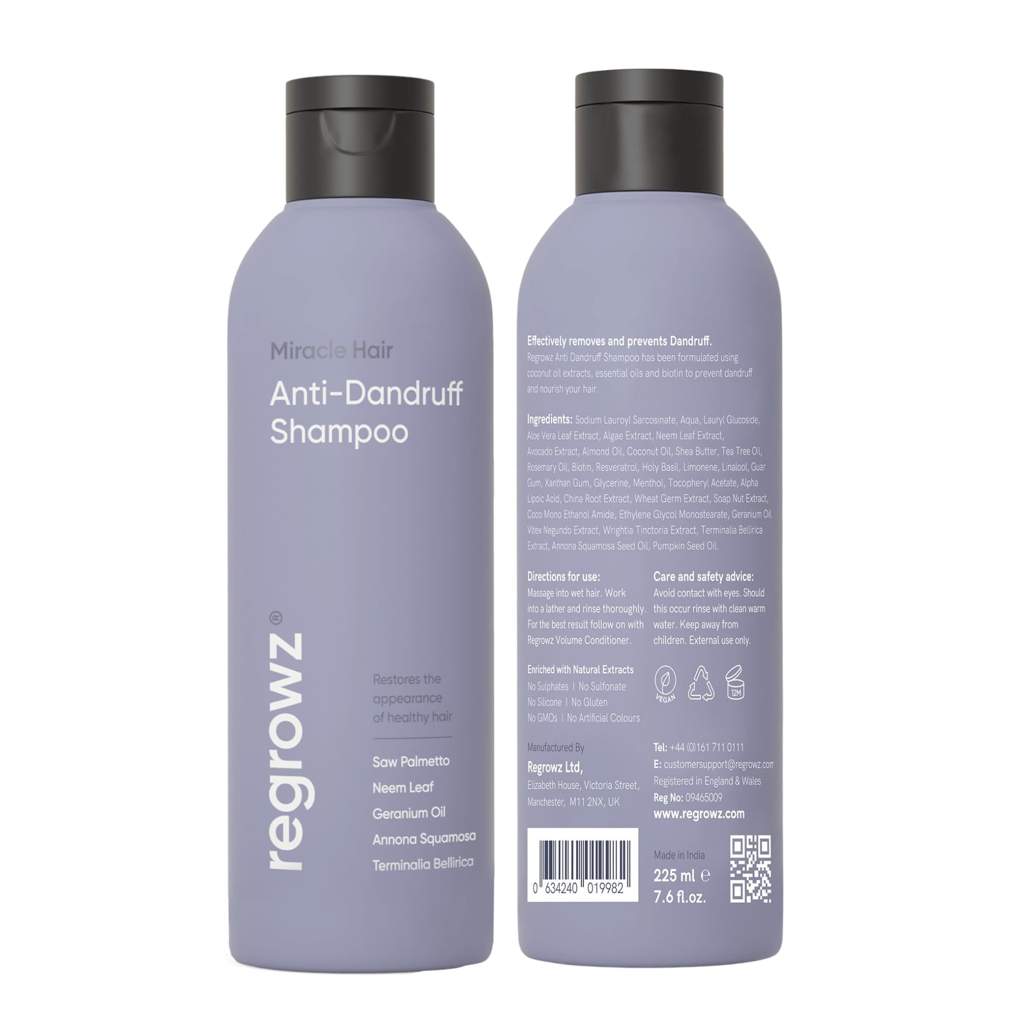 Regrowz Anti Dandruff Shampoo for Itchy & Dry Scalp - 225ml - Dandruff Scalp Treatment - Removes Flakes & Moisturises for Healthy Vibrant Hair