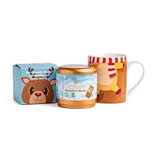 Hot Chocolate Gift Set With Mug, Socks, Candy Cane - Reindeer Kids Hot Chocolate Mug Gift Set With Mini Marshmallows (With Socks)