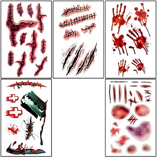 Niaody 5pcs Horror Realistic Fake Bloody Wound Stitch Scar Scab Waterproof Temporary Tattoo Sticker Halloween Masquerade Prank Makeup Props (Pack C of 5 Sheets)