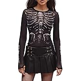 Adoeren Women Skeleton Print Mesh Shirt Gothic Graphic See Through Long Sleeve Crop Tee Blouse Slim Fit Sheer Top Party