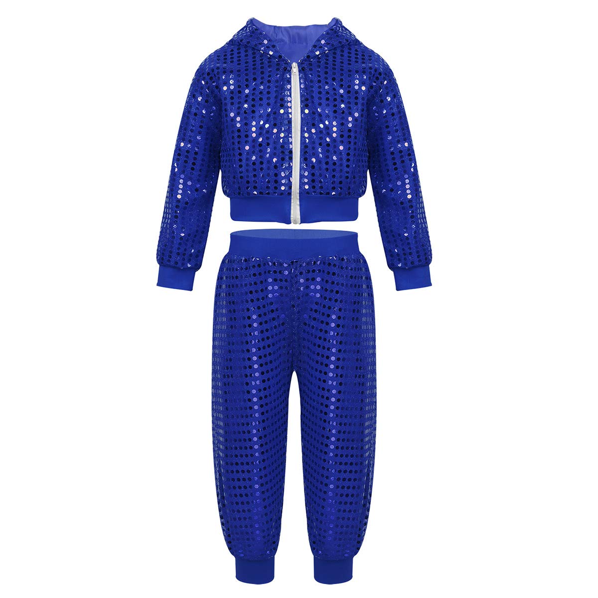 Freebily Children Boys Girls Sequin Jacket Long Sleeve Hooded Top with Pants Set Kids Modern Jazz Hip-Hop Performance Costumes Blue 10-12 Years