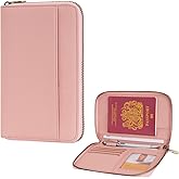WASON Leather Zipper Travel Passport Wallet Holder RFID Blocking Cover, Passport case Pocket Slot for Card, Cash, ID, Boarding Pass and Ticket for Men, Women and Family Trips (Pink)