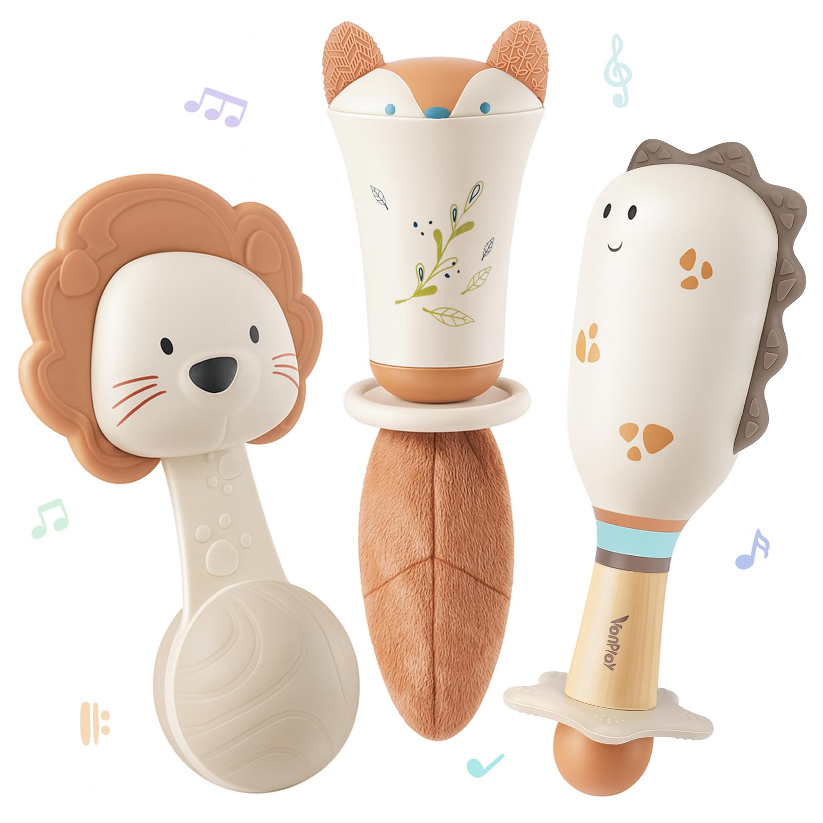 Baby Rattles - Teething Toys 3-6 Months, Baby Toys 0-6 Months, Sensory Toys for Newborn Babies, Rattles for Babies 0-6 Months, Neutral Color Baby Shower Gift (3PCS)