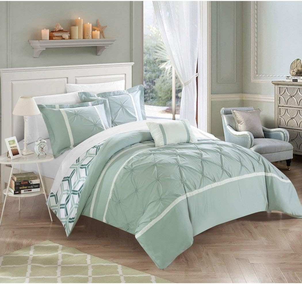 3pc Seafoam Green Comforter Twin Set, Pinched Pleat Bedding Mint