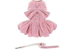 Dog Striped Dress,Pet Girl Bow Costume with Ring and Harness Leash,Dog Wedding Birthday Party Dress(Pink,Medium)