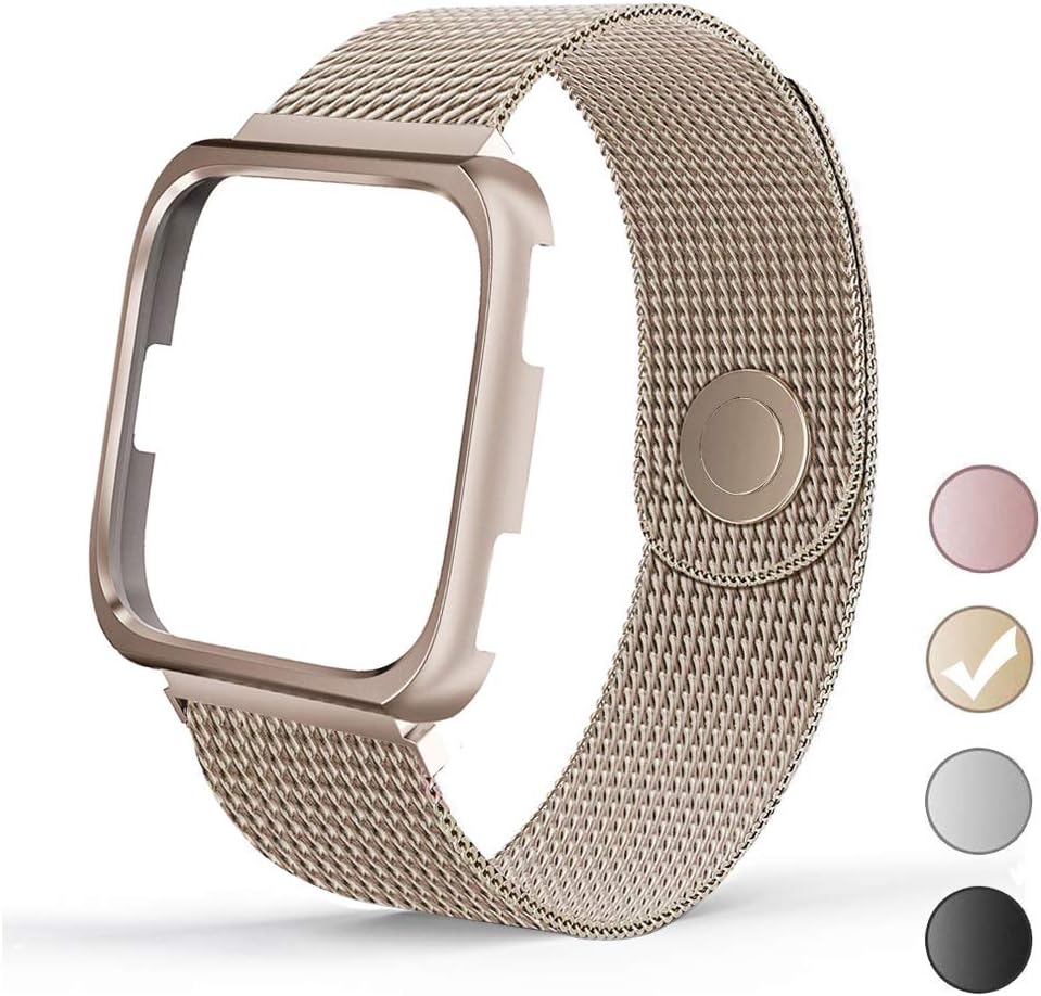 REYUIK Compatible with Versa Bands with Frame,Stainless Steel Mesh Breathable Metal Wristband with Protective Case Bumper Accessories for Women Men