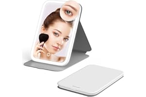 Mocado Travel Makeup Mirror with Lights, 360 Rotation, 10x Magnification, 60LEDs 3 Color Lightings, Dimmable Touch Screen, Tabletop Light up Mirror (White)