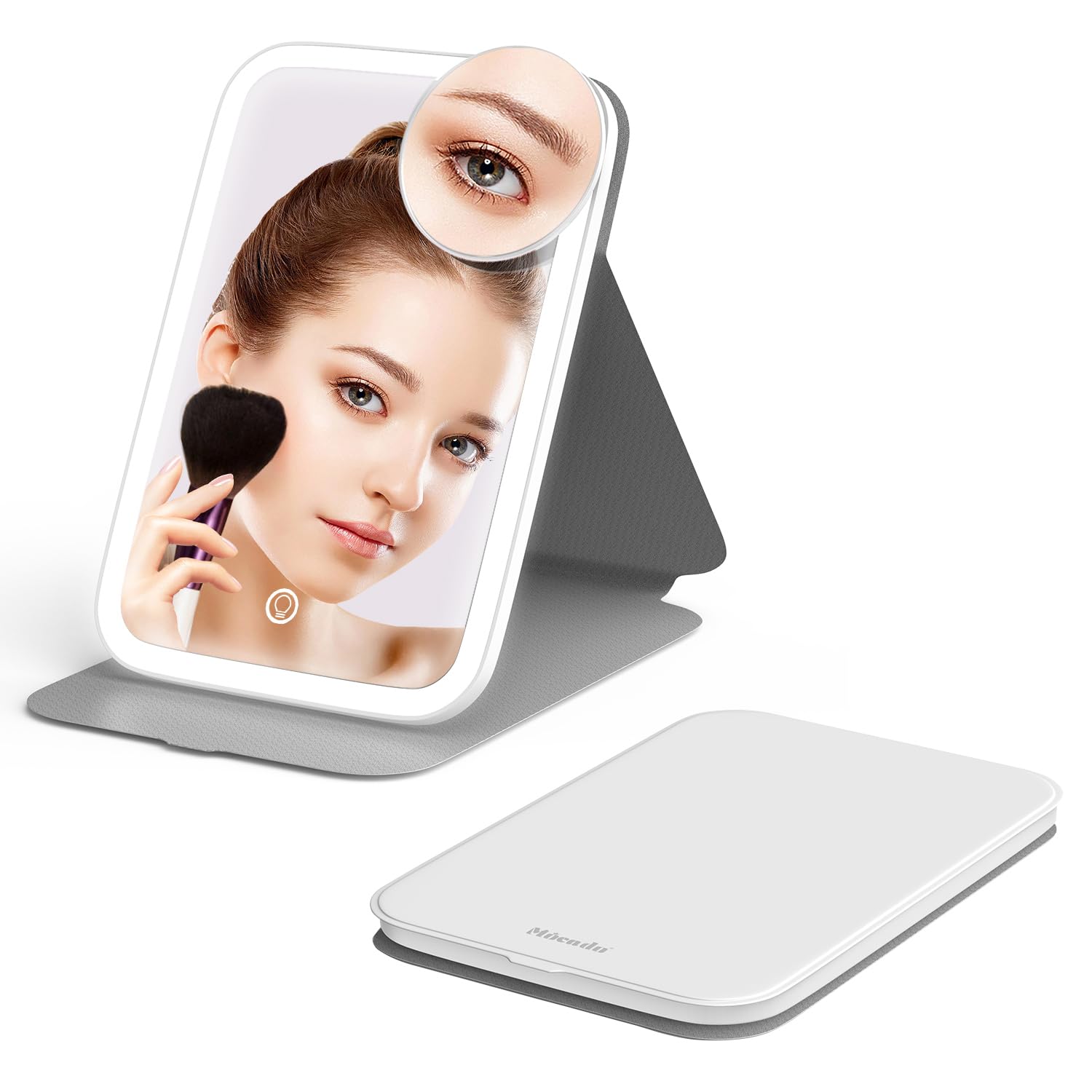 Photo 1 of Mocado Travel Makeup Mirror with Lights, 360 Rotation, 10x Magnification, 60LEDs 3 Color Lightings, Dimmable Touch Screen, Tabletop Light up Mirror (White)