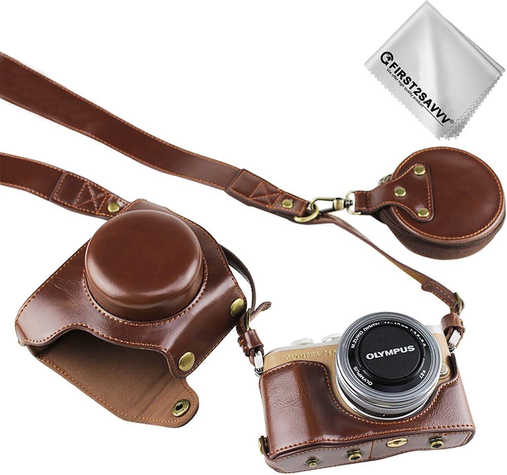 First2savvv Full Body Precise Fit PU Leather Digital Camera case Bag Cover with Should Strap for Olympus Pen E-PL10 E-PL9 with 14-42mm F3.5-5.6 Lens + Cleaning Cloth XJD-EPL9-HH10