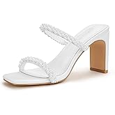 Carcuume Women's Square Toe Two Strap Open Toe Block Heels Sandals Slip On Shoes