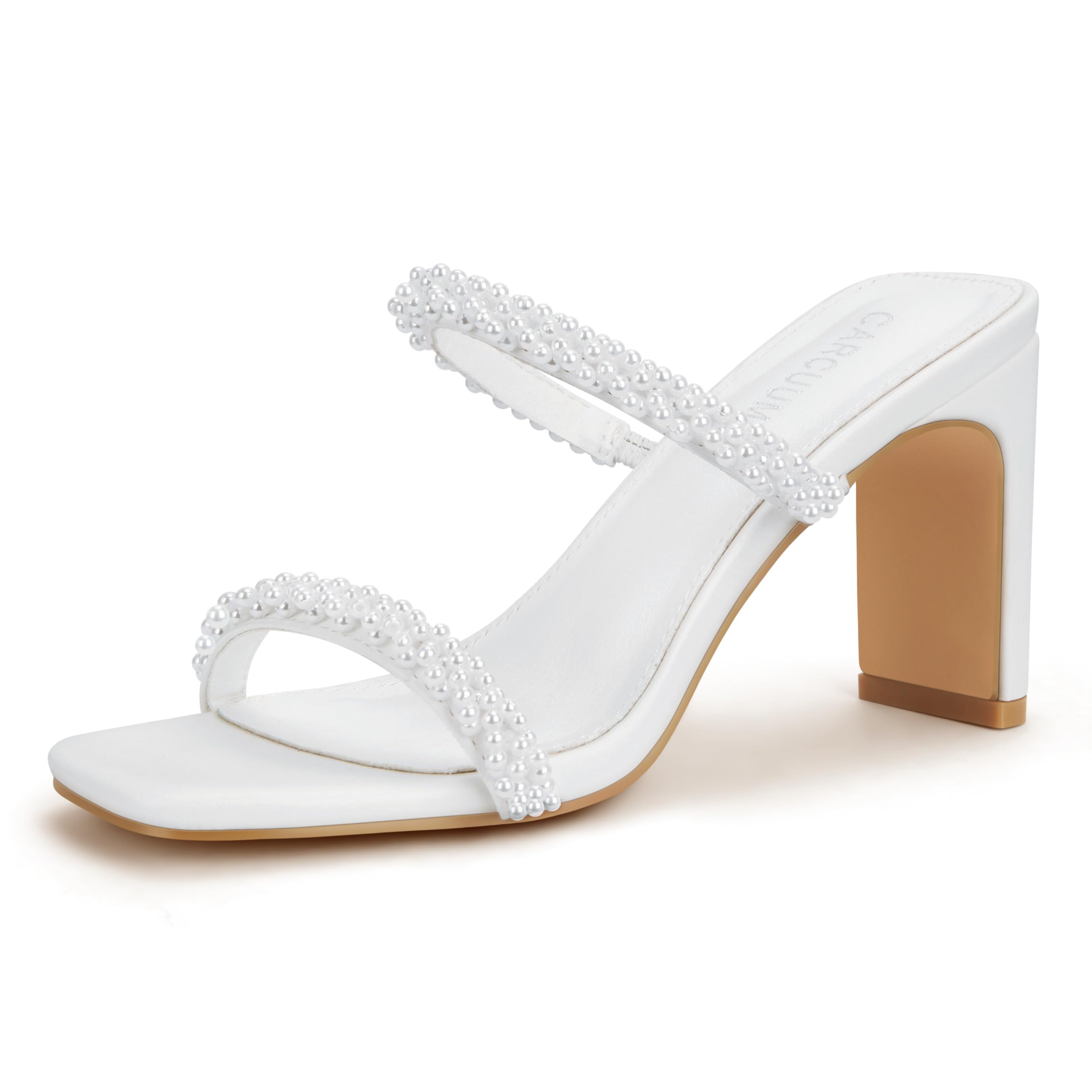 Photo 1 of **NO BOX**Carcuume Women's Square Toe Two Strap Open Toe Block Heels Sandals Slip On Shoes,White Pearl A, SIZE 9