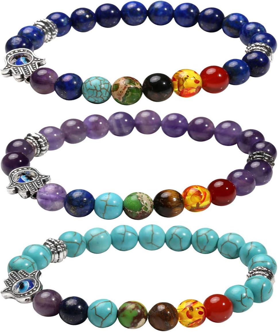 Manfnee7 Chakra Evil Eye Bracelet Lave Stone Beaded Essential Oil Diffuser Bracelet for Men Women