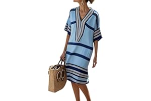 Dresses for Women Linen 3/4 Sleeve Midi Dresses Cute Striped Dress Summer V Neck Boho Vacation Dress Casual Outfits
