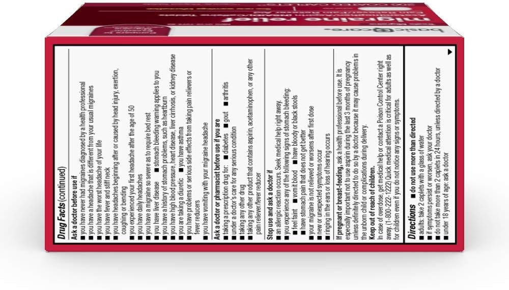  Basic Care Migraine Formula Caplets, Acetaminophen, Aspirin (NSAID) and Caffeine Tablets, Migraine Pain Relief, 200 Count: Health & Personal Care