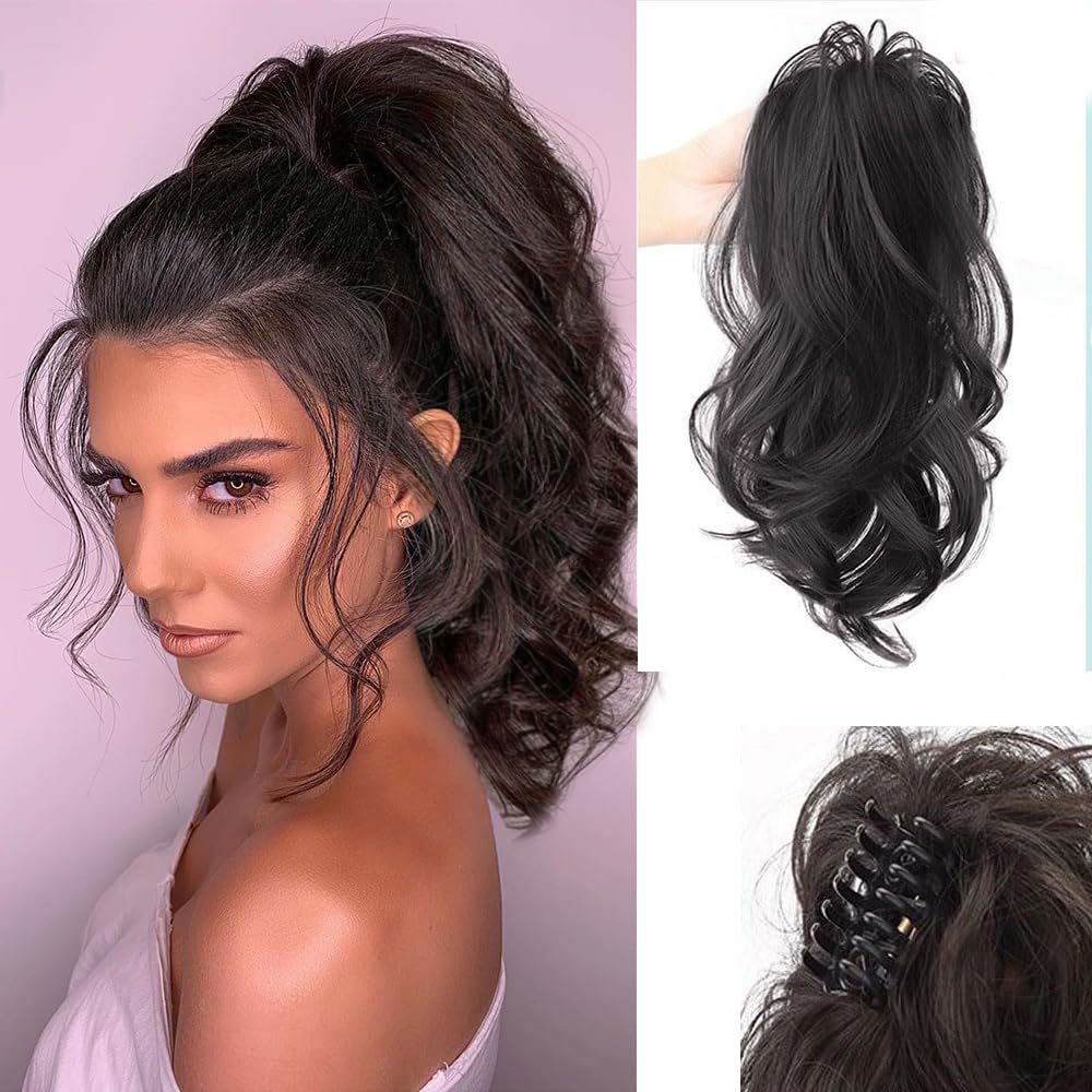 Swy Hair Highlight Ponytail Extension Claw Multi Layered Hair Wavy Curly Jaw Clip in Fake Pony Tails Fake Hair Soft Natural Looking Synthetic Hairpiece for Women (Brown Black)