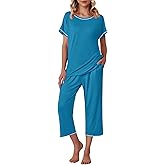 Ekouaer Women's Capri Pajama Sets Print Short Sleeve Sleepwear Top and Capri Pants Soft Loungewear with Pocket