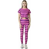 Cosplaya Womens Pink and Purple Striped Crop Top and Leggings Sexy Costume - Onesies Pajama Cosplay Halloween