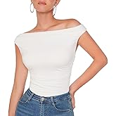 OMKAGI Women One Off Shoulder Y2K Tops Double Lined Slim Fit T Shirts Basic Tees