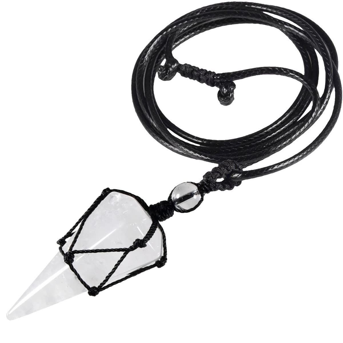 KYEYGWO Hexagonal Crystal Pendant with Adjustable Leather Cord, Polished Pointed Quartz Stone Healing Necklace Reiki Pendulum Chain, Rock Crystal