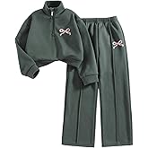 RoseSeek Girl's 2 Piece Fall Outfits Bow Print Half Zip Sweatshirt and Baggy Sweatpants Cute Clothes Trendy