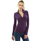 AmélieBoutik Women Collar V Neck Long Sleeve Polo Shirt
