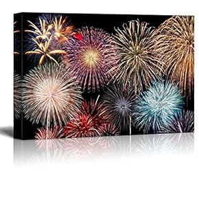 Canvas Prints Wall Art - Colorful Fireworks in Night Sky | Modern Wall Decor/Home Decoration Stretched Gallery Canvas Wrap Giclee Print. Ready to Hang - 12" x 18"