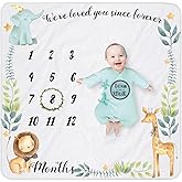 Yoothy Safari Baby Monthly Milestone Blanket for Boy and Girl, Gift for Baby Shower, Growth Chart Photo Blanket, Wreath &12 Stickers Included, Soft Flannel Blanket, Elephant, Lion 40''x 40''