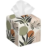 BLYKVGHQ Boho Geometric Art Square Tissue Box Cover Abstract Leaves Tissue Box Holder Facial Cube Paper Dispenser Leather Decorative Organizer Home Office Desk Decor, 5.2