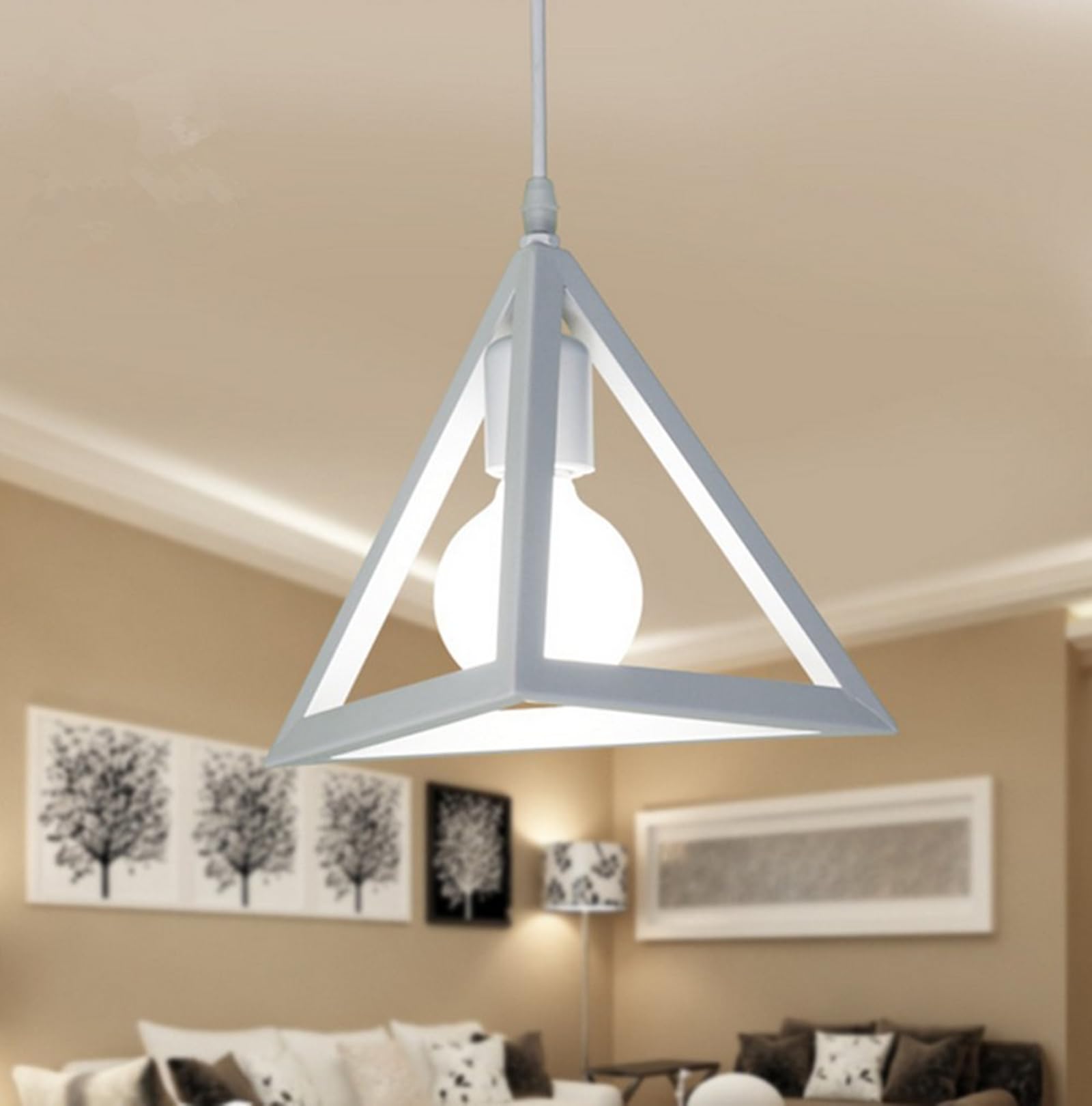 Chrasy Minimalist Style Triangle Pendant Light E27 Base Modern Hanging Ceiling Lighting Metal Lamp Shades for Kitchen Island Restaurant Corridor Living Room (White)
