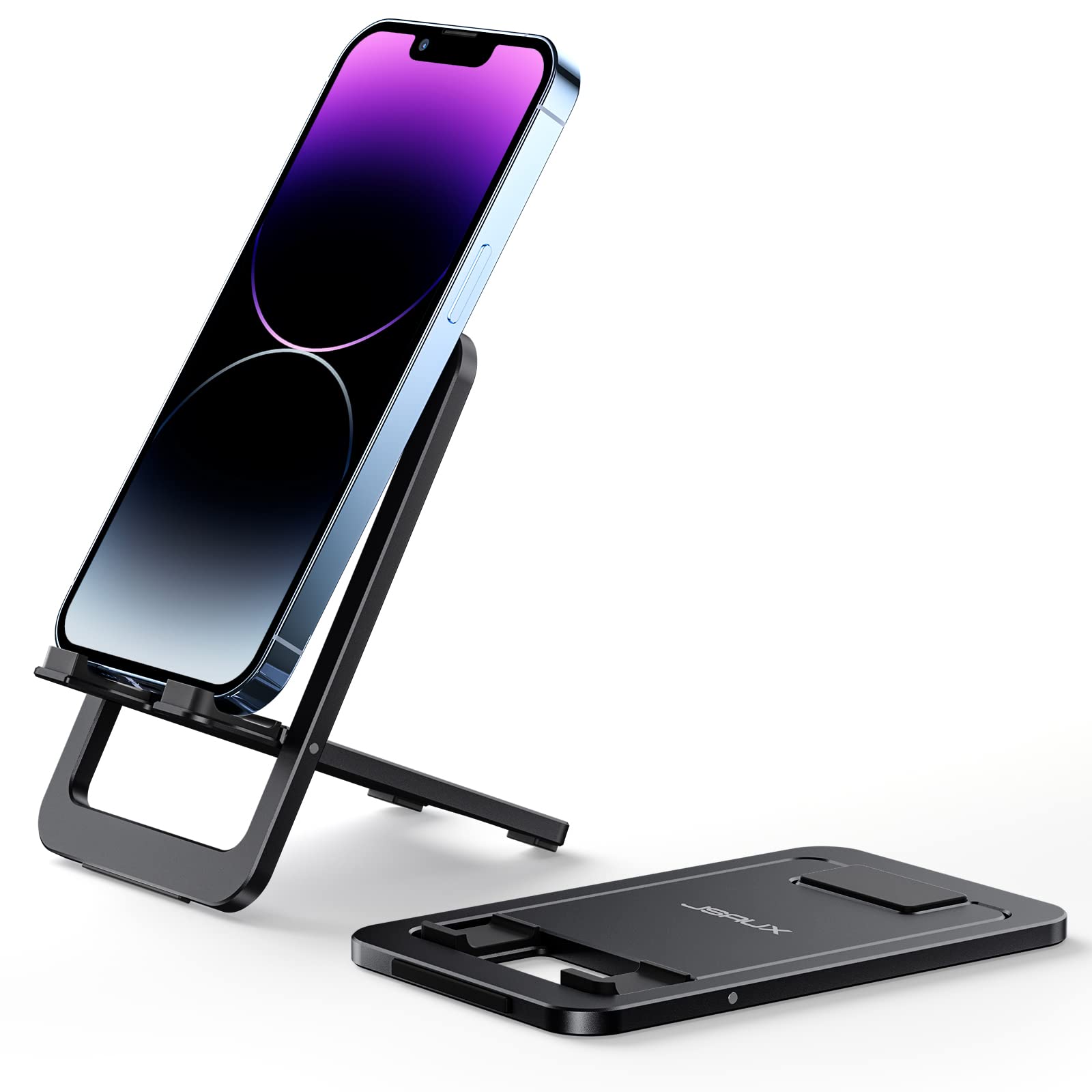 JSAUX Cell Phone Stand, Foldable Aluminum Adjustable Phone Holder for Desk Portable Travel Essentials Office Accessories for iPhone 17 16 15 14 13 Pro Max Samsung S25 S24 S23 Ultra Kindle-Black